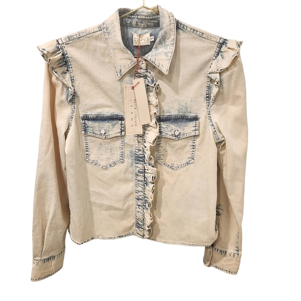 Alice + Olivia Ruffle denim button blouse size small - Picture 3 of 6
